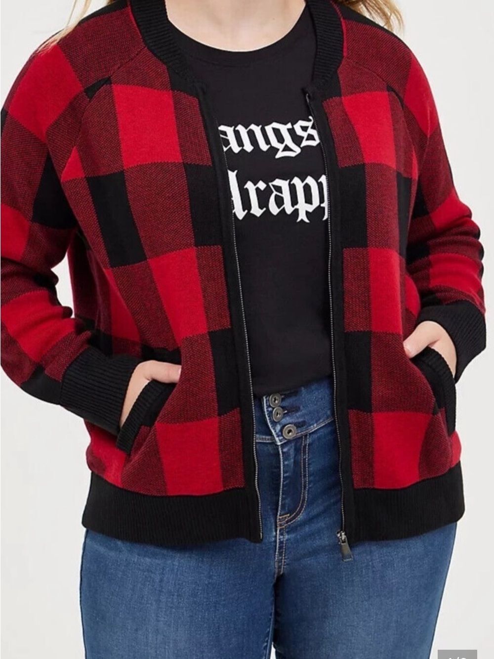 Torrid Buffalo Plaid Grunge Lumberjack Zip Bomber Sweater Jacket Size 2